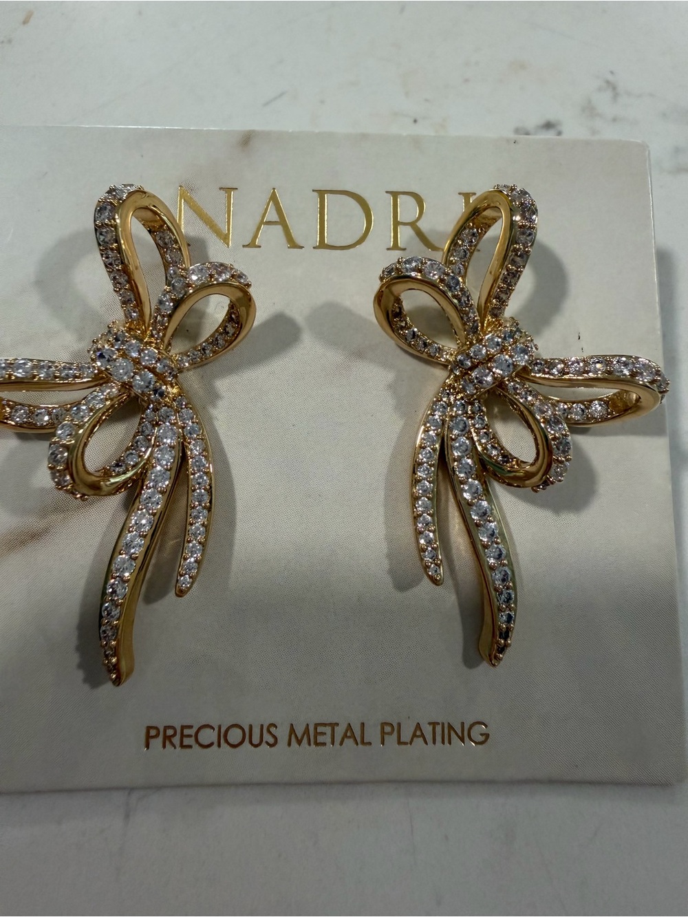 Nadri Gold Crystal Bow Ribbon Drop Earrings